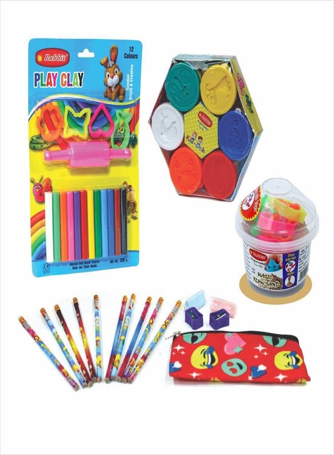Rabbit Happy Pack Dough + 12 Color Clay Blister Card + Play Sand 100gms + Stationery Kit| Clay Dough | Sand for Kids | Toys for Kids - Image 1